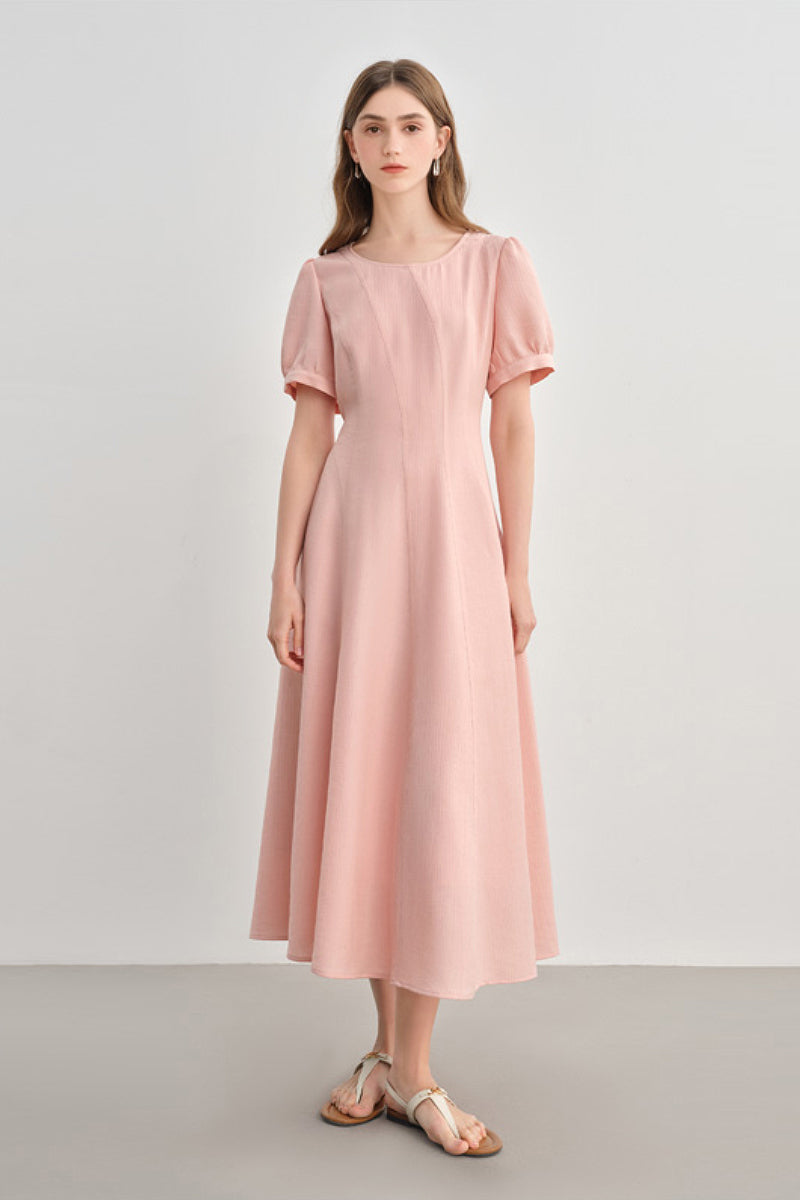 Pink Short-Sleeve A-Line Midi Dress
