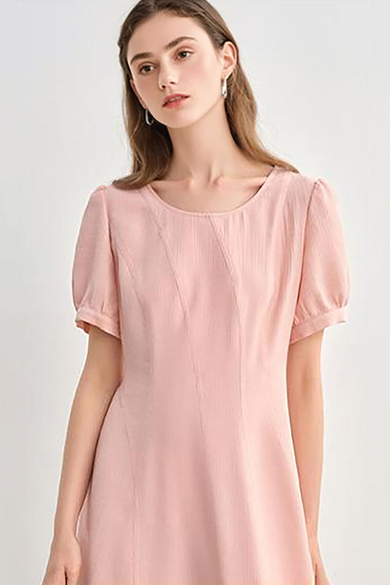 Pink Short-Sleeve A-Line Midi Dress