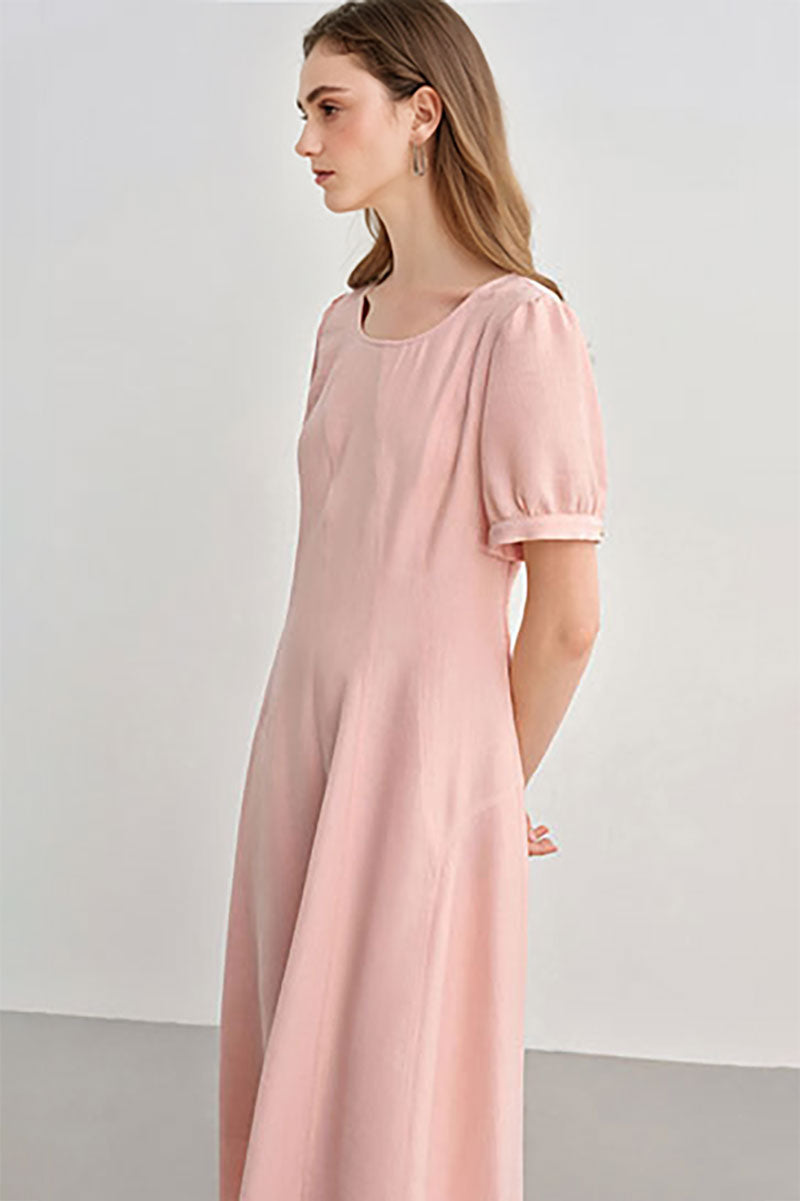 Pink Short-Sleeve A-Line Midi Dress