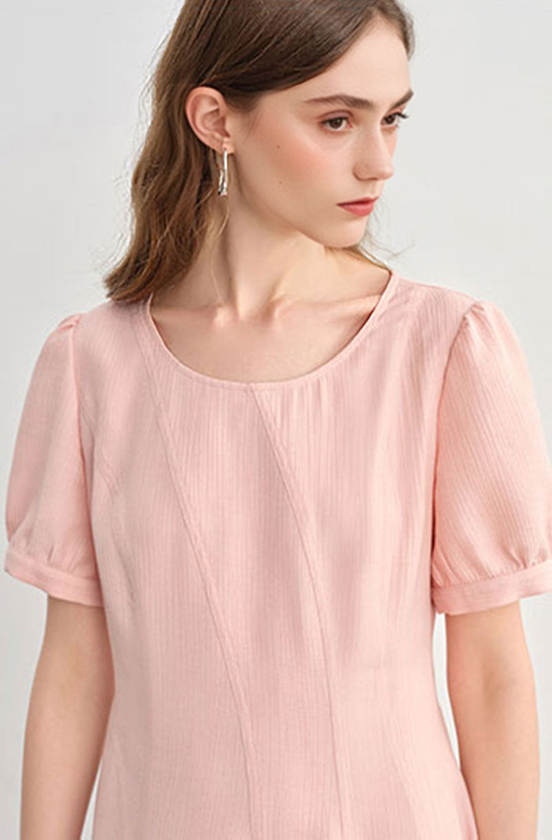 Pink Short-Sleeve A-Line Midi Dress