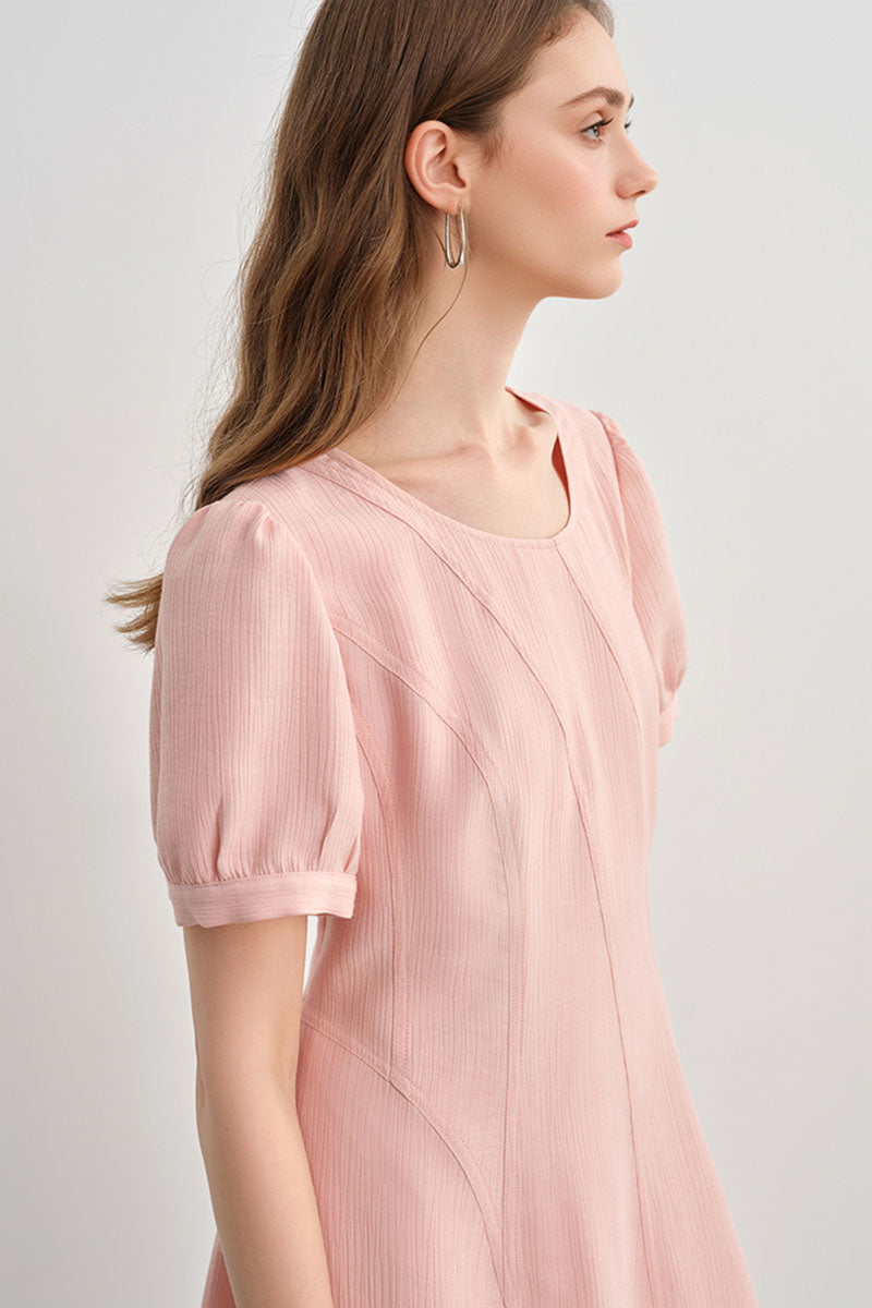 Pink Short-Sleeve A-Line Midi Dress