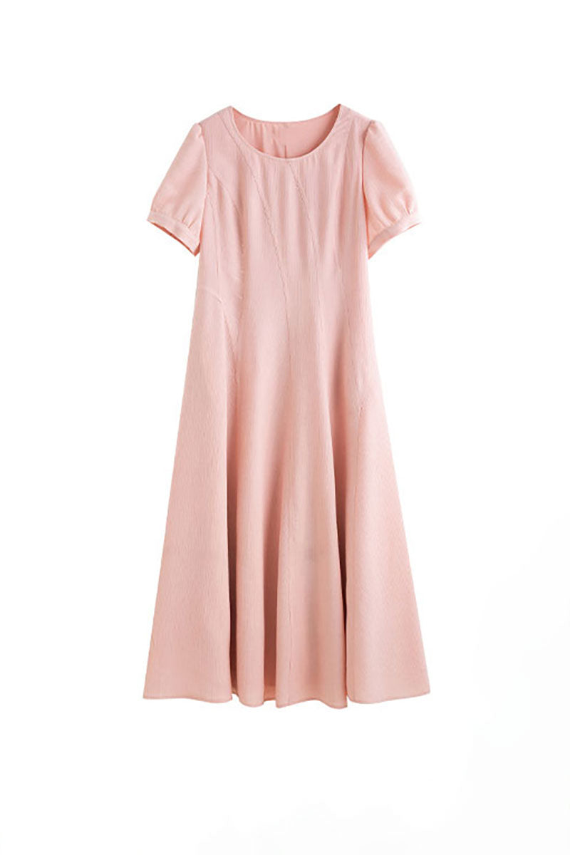 Pink Short-Sleeve A-Line Midi Dress