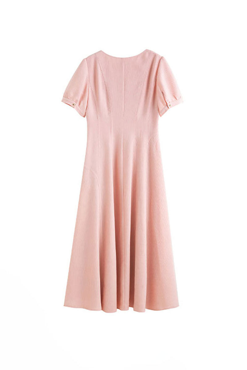 Pink Short-Sleeve A-Line Midi Dress