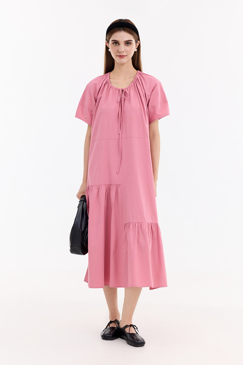100% Cotton Pink Tiered Trapeze Tie-Neck Midi Dress