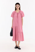 100% Cotton Pink Tiered Trapeze Tie-Neck Midi Dress