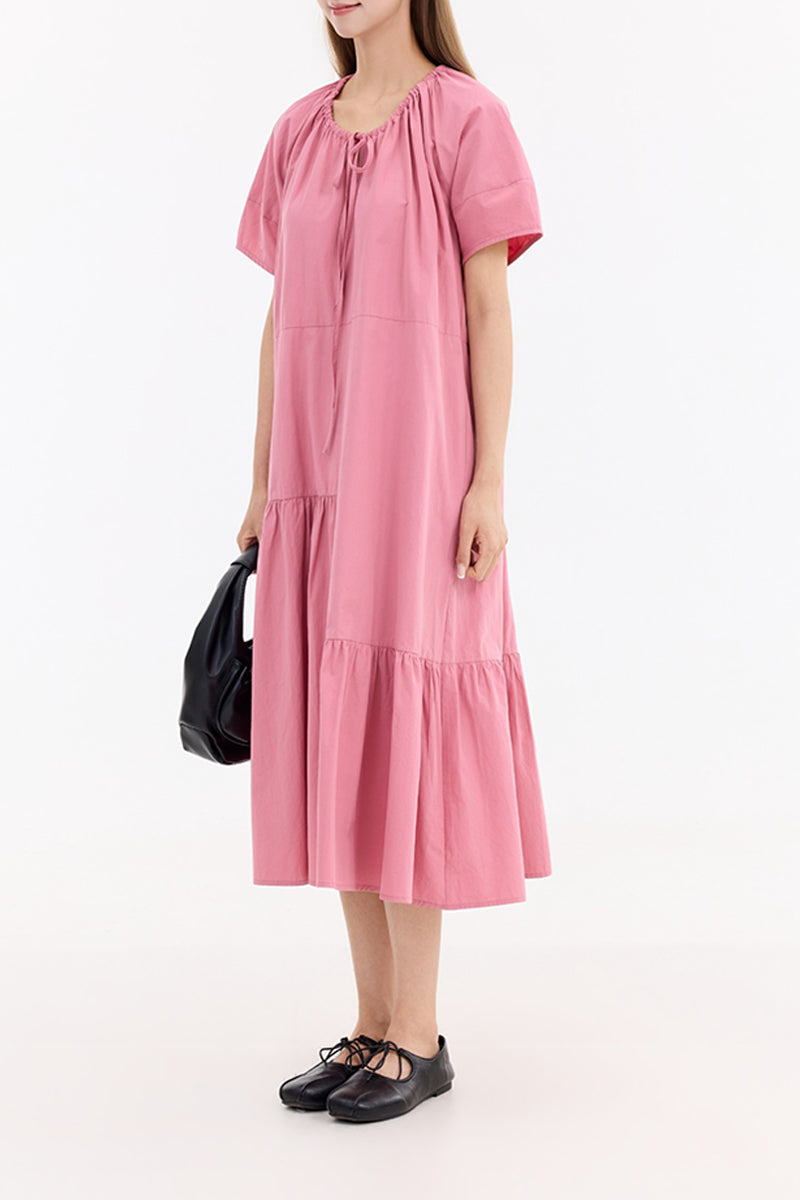 100% Cotton Pink Tiered Trapeze Tie-Neck Midi Dress
