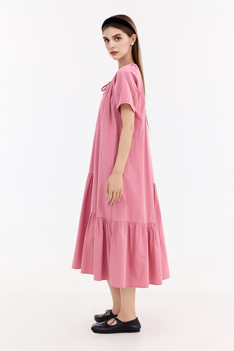 100% Cotton Pink Tiered Trapeze Tie-Neck Midi Dress