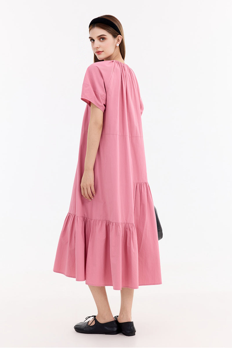100% Cotton Pink Tiered Trapeze Tie-Neck Midi Dress
