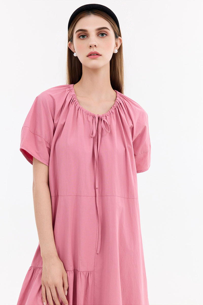 100% Cotton Pink Tiered Trapeze Tie-Neck Midi Dress