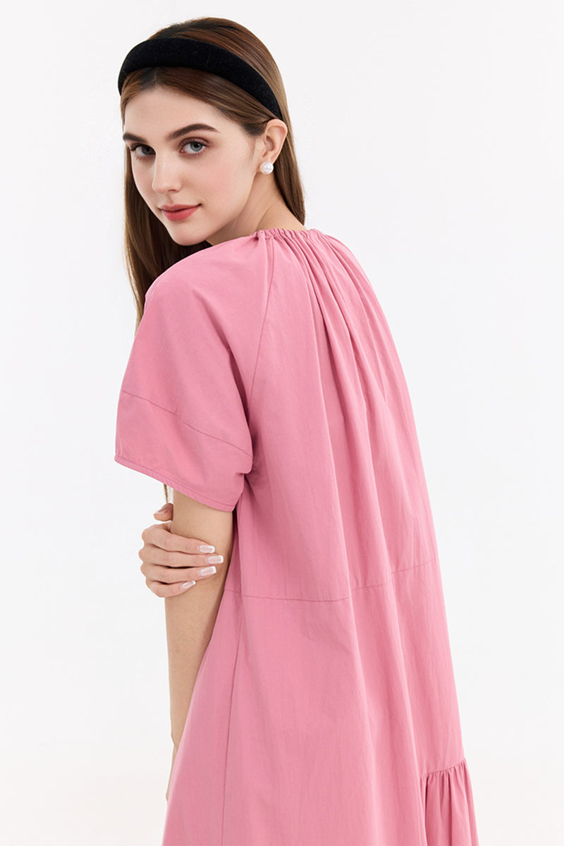 100% Cotton Pink Tiered Trapeze Tie-Neck Midi Dress