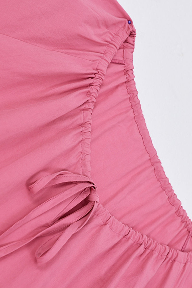100% Cotton Pink Tiered Trapeze Tie-Neck Midi Dress
