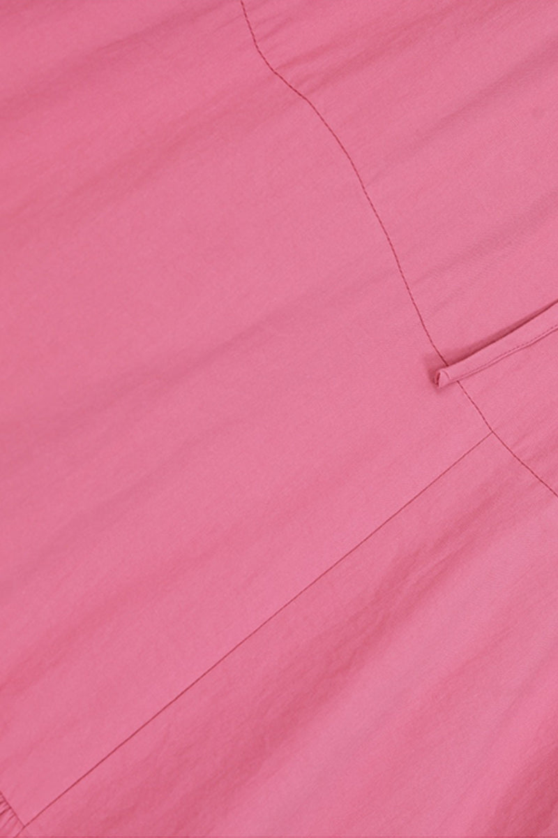 100% Cotton Pink Tiered Trapeze Tie-Neck Midi Dress