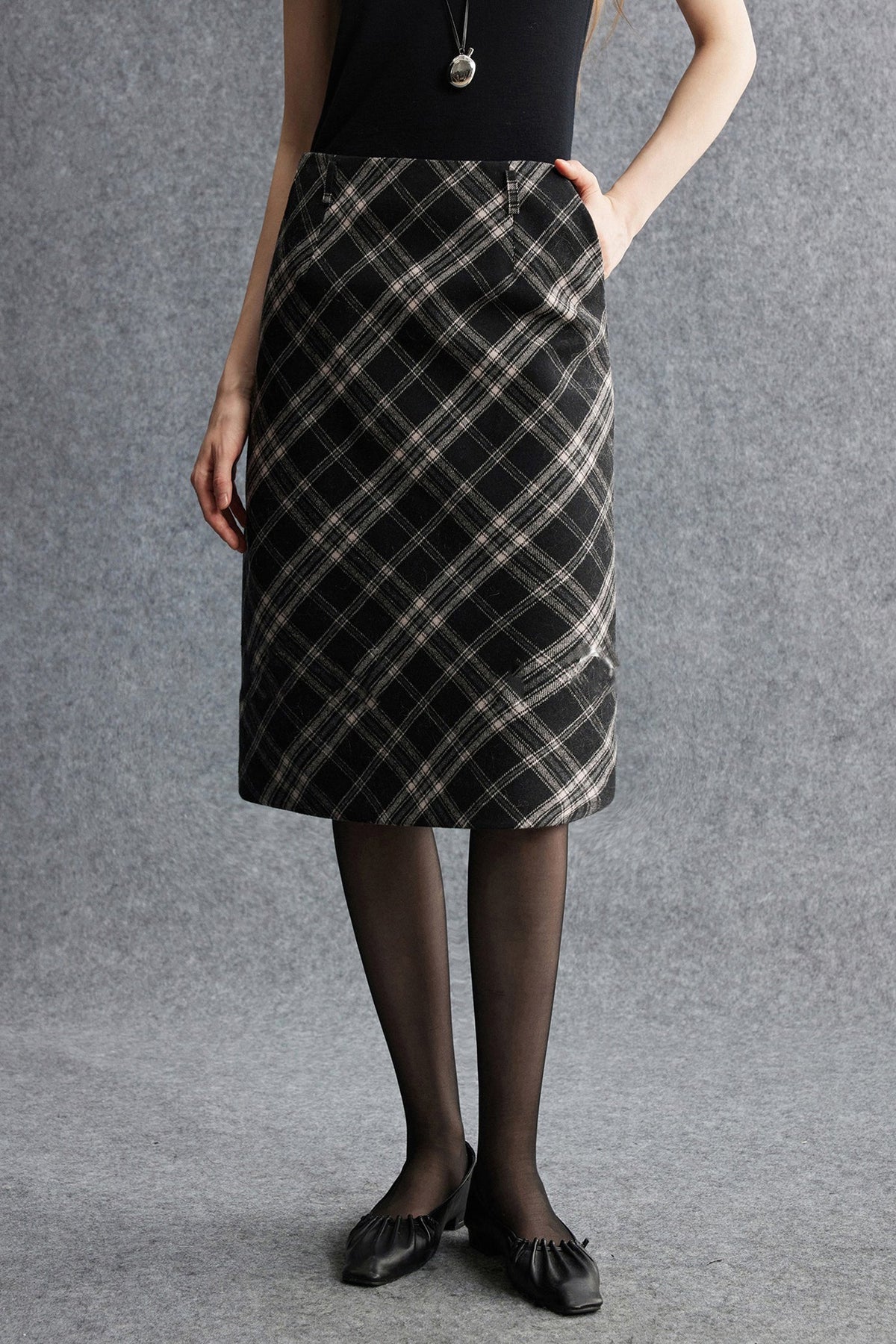 Plaid Wool-Blend Column Midi Skirt with Slit