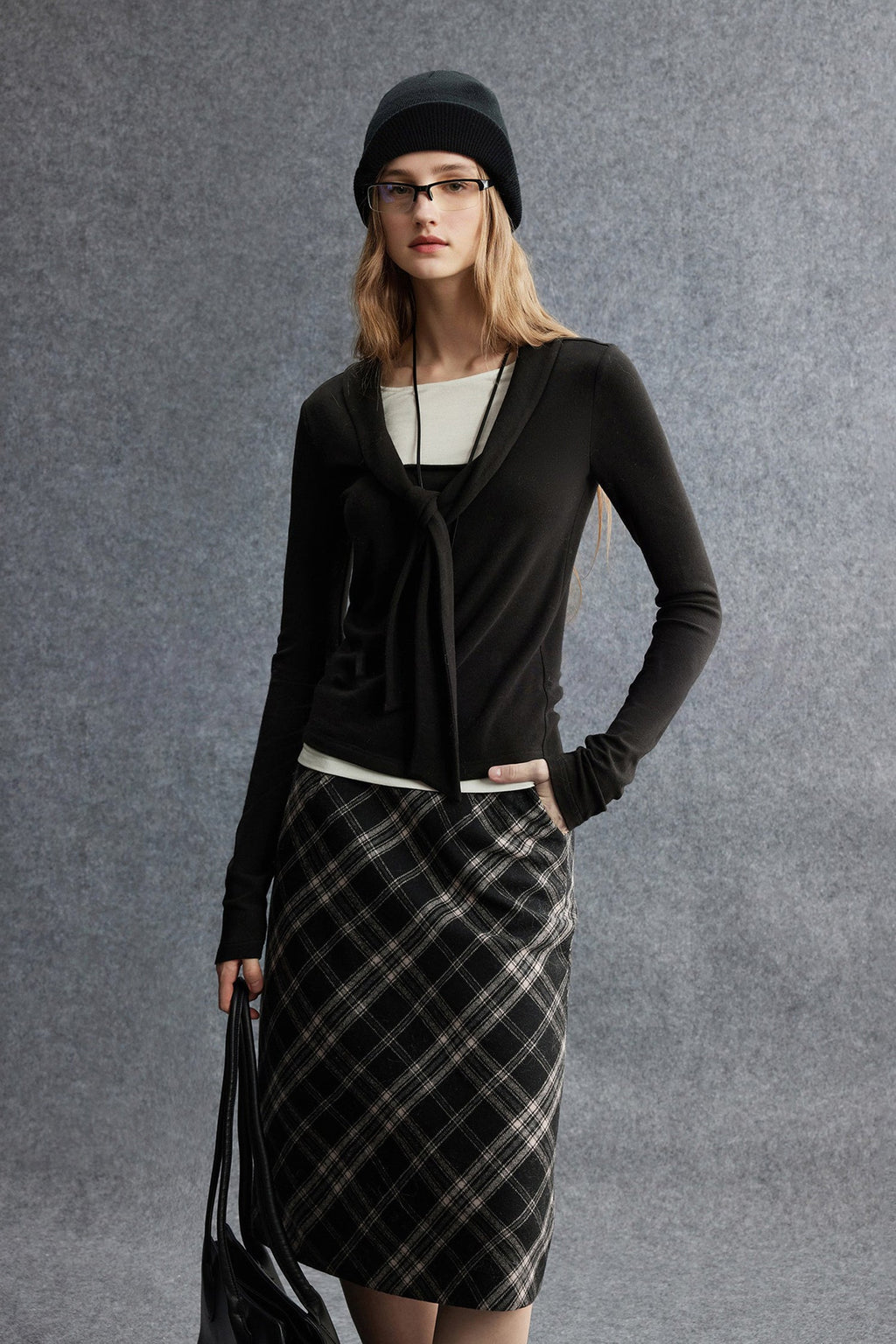 Plaid Wool-Blend Column Midi Skirt with Slit
