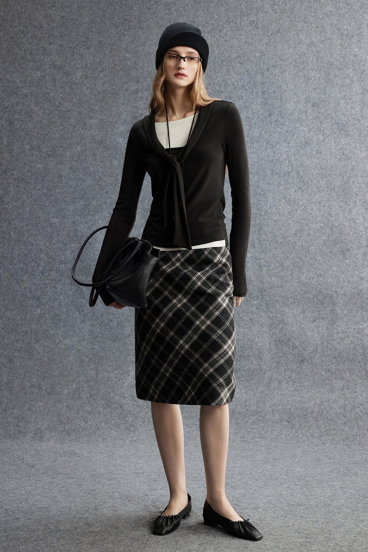 Plaid Wool-Blend Column Midi Skirt with Slit