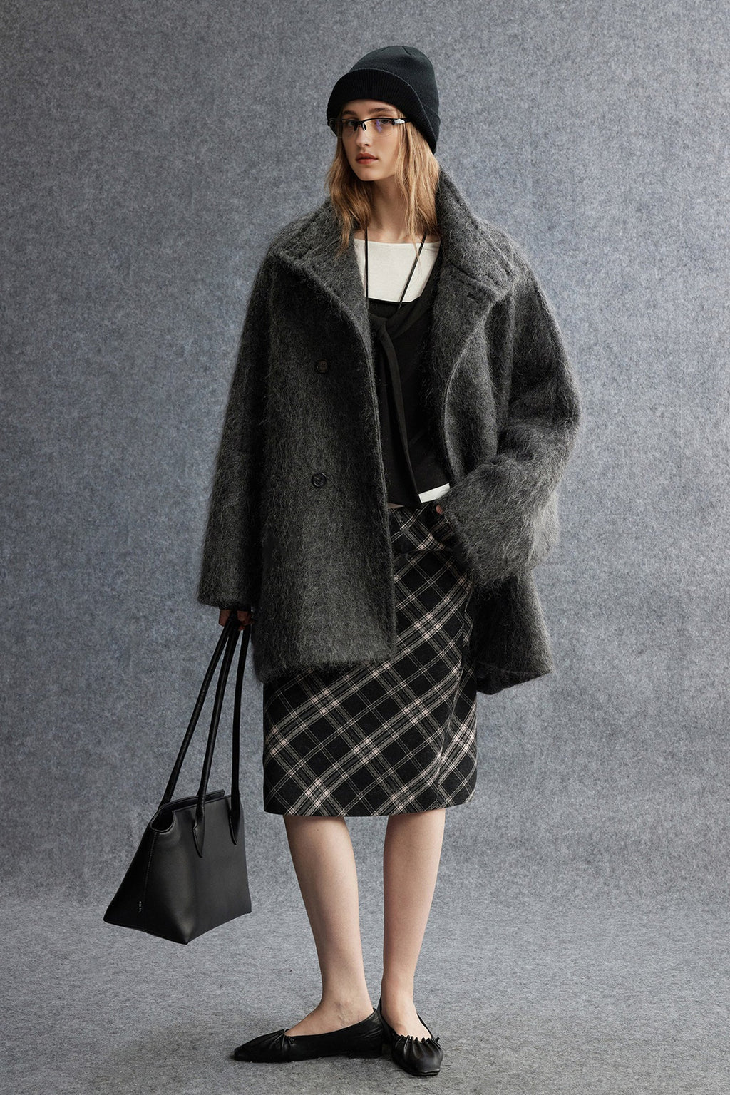 Plaid Wool-Blend Column Midi Skirt with Slit