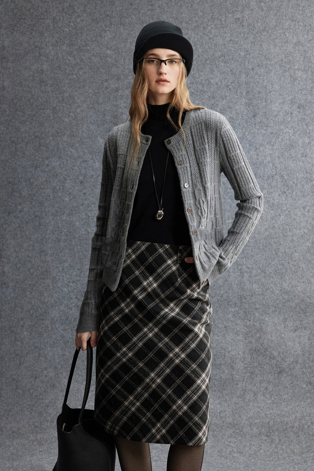 Plaid Wool-Blend Column Midi Skirt with Slit