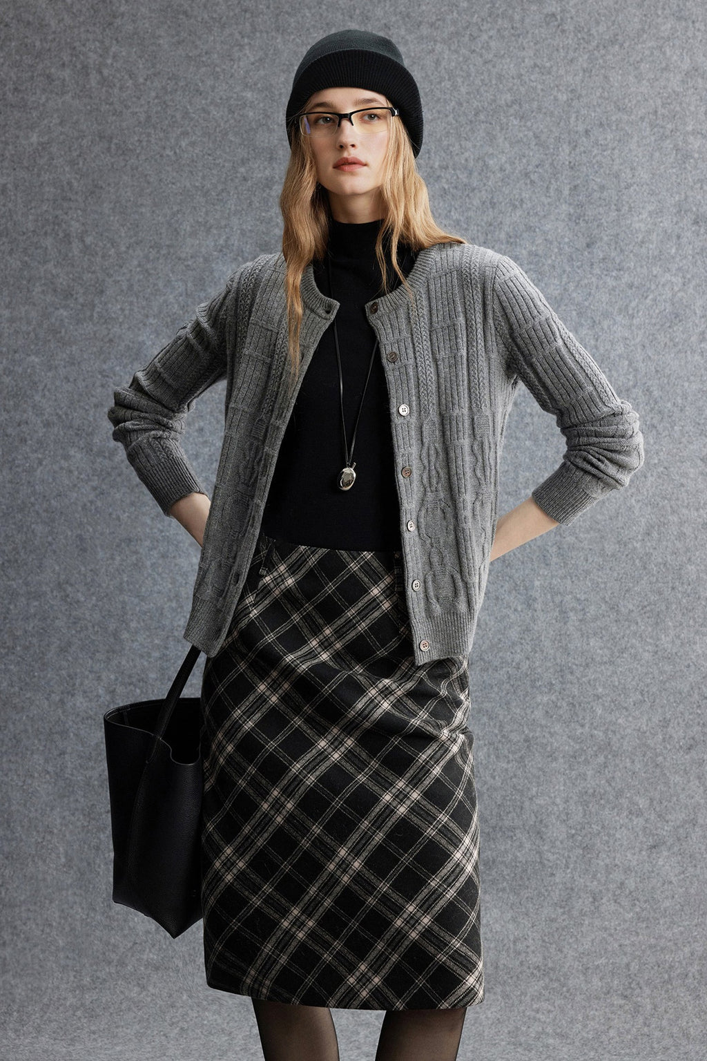 Plaid Wool-Blend Column Midi Skirt with Slit