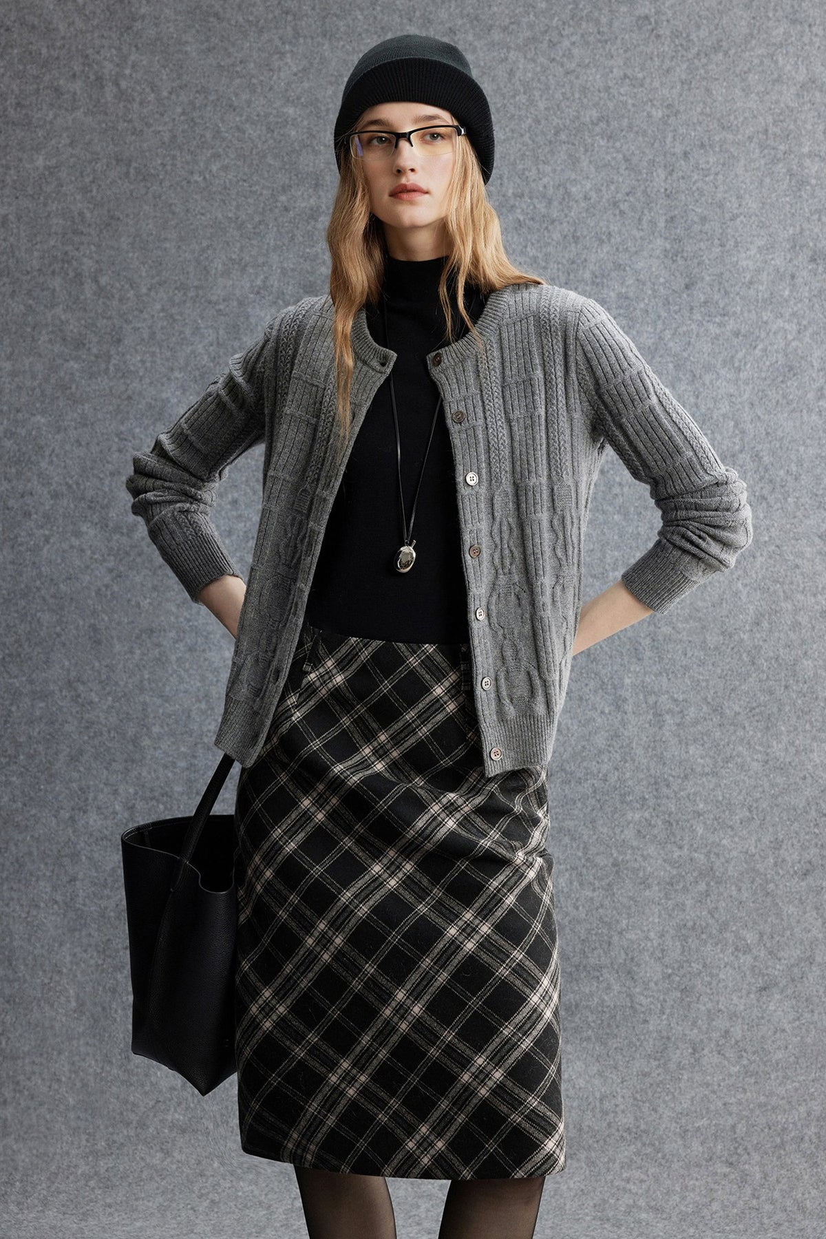 Plaid Wool-Blend Column Midi Skirt with Slit