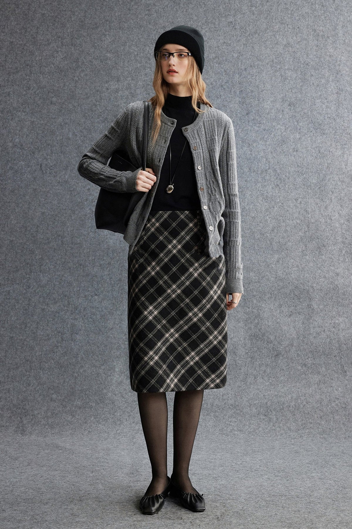 Plaid Wool-Blend Column Midi Skirt with Slit