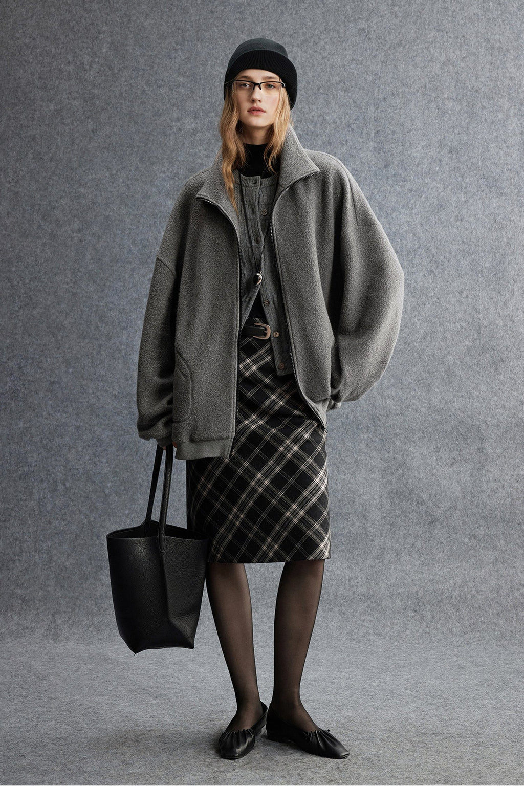 Plaid Wool-Blend Column Midi Skirt with Slit