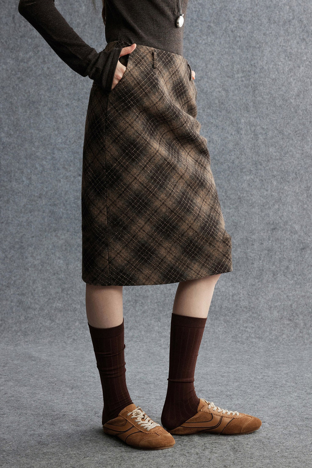 Plaid Wool-Blend Column Midi Skirt with Slit