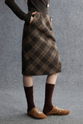 Plaid Wool-Blend Column Midi Skirt with Slit