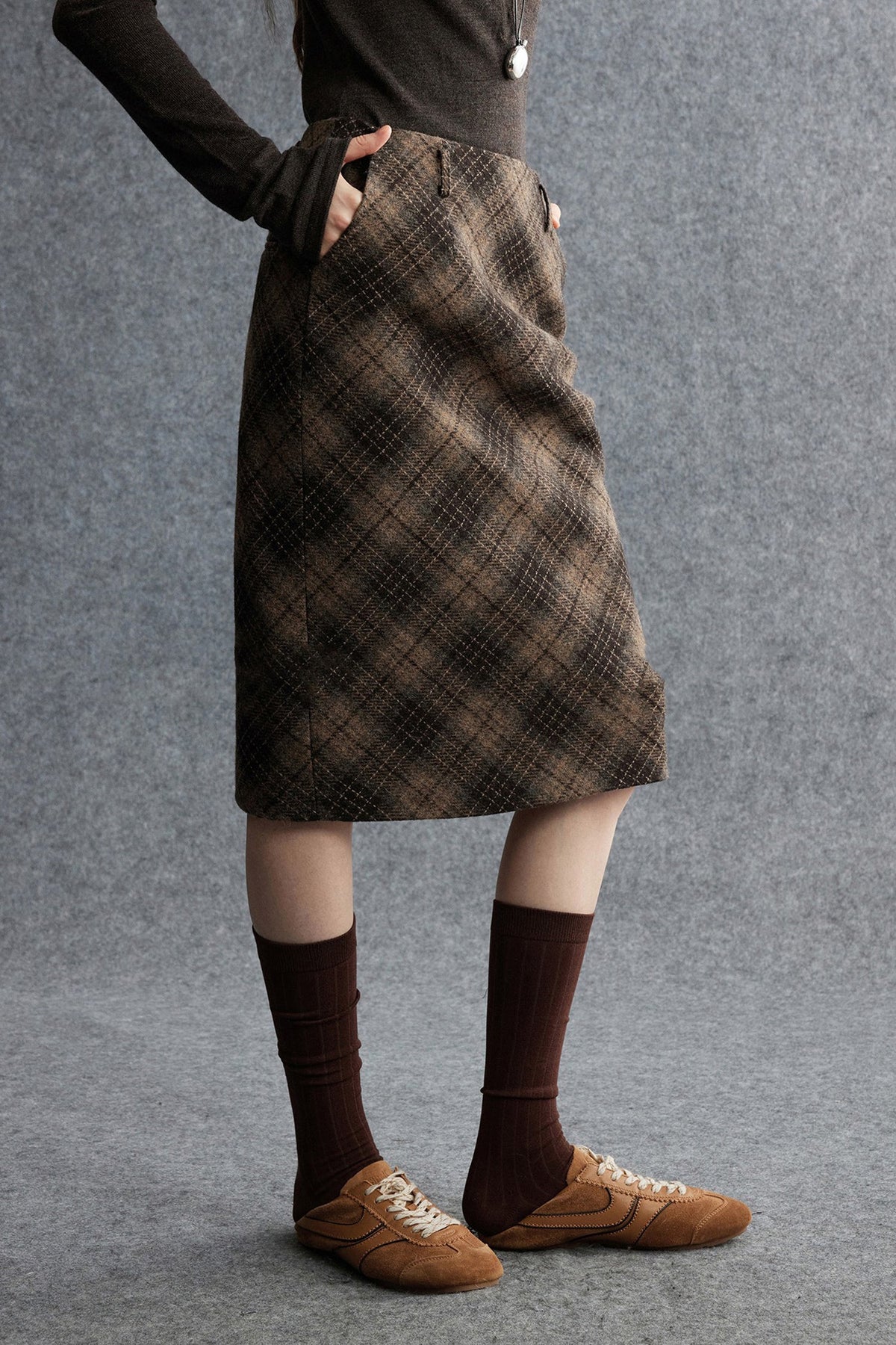 Plaid Wool-Blend Column Midi Skirt with Slit