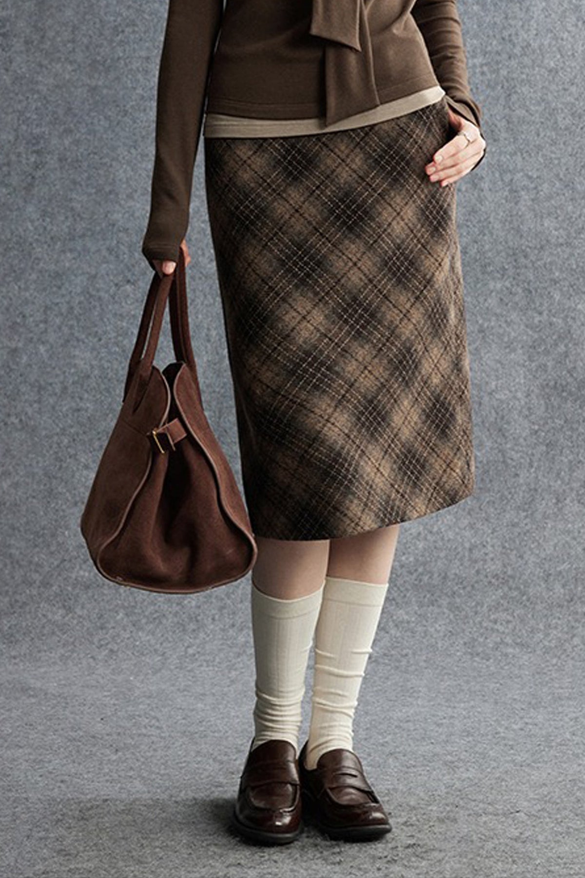 Plaid Wool-Blend Column Midi Skirt with Slit