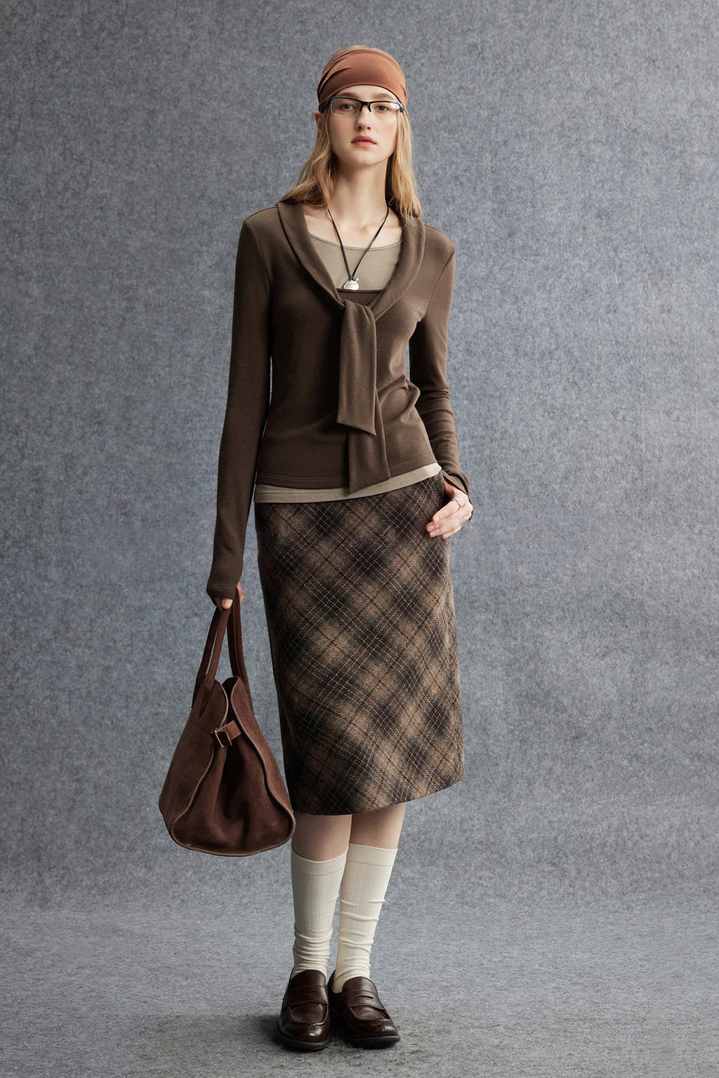 Plaid Wool-Blend Column Midi Skirt with Slit