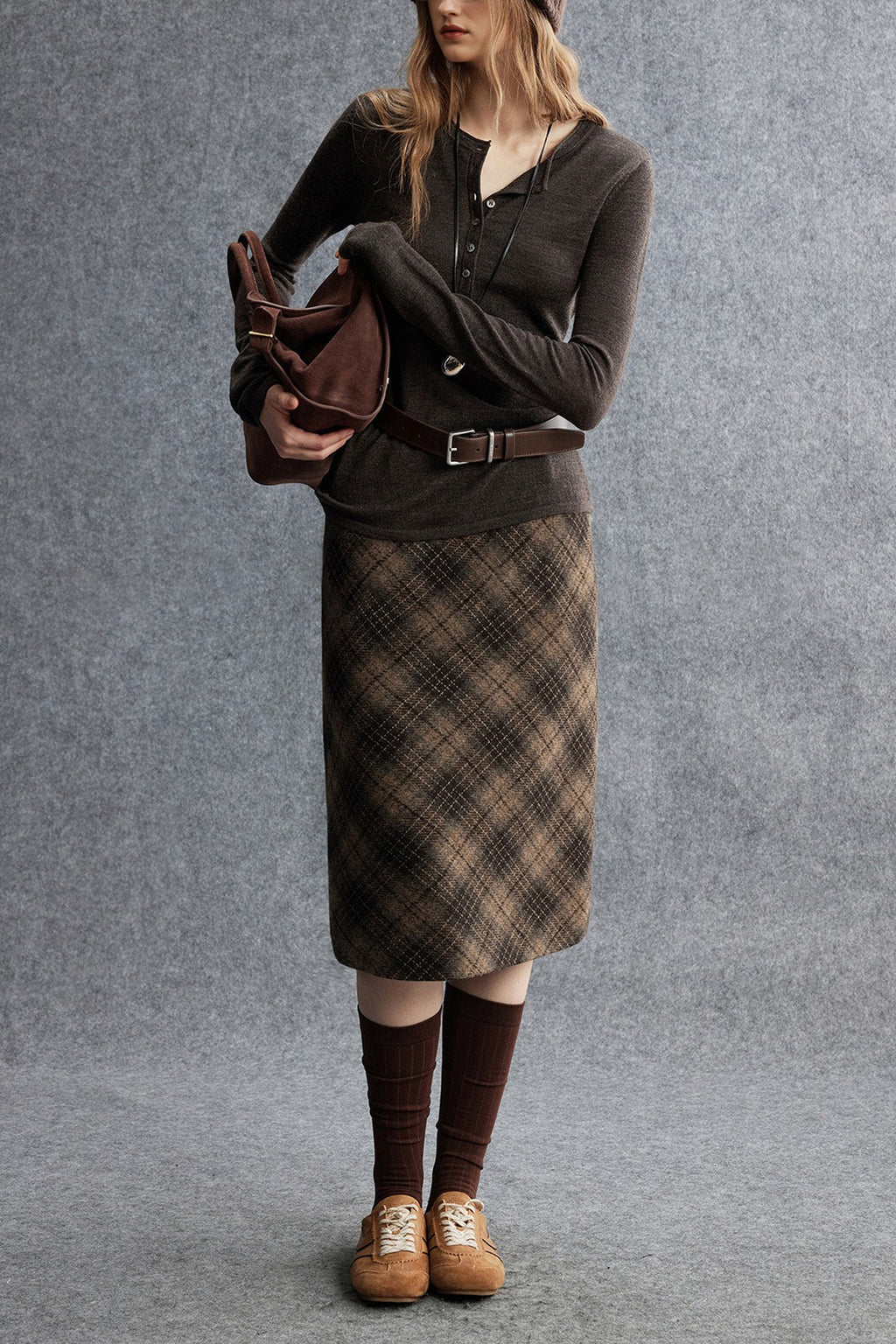 Plaid Wool-Blend Column Midi Skirt with Slit