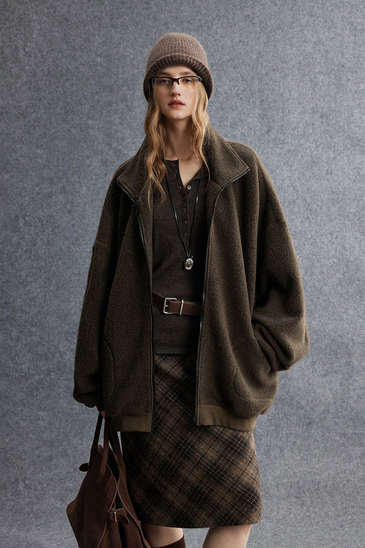 Plaid Wool-Blend Column Midi Skirt with Slit
