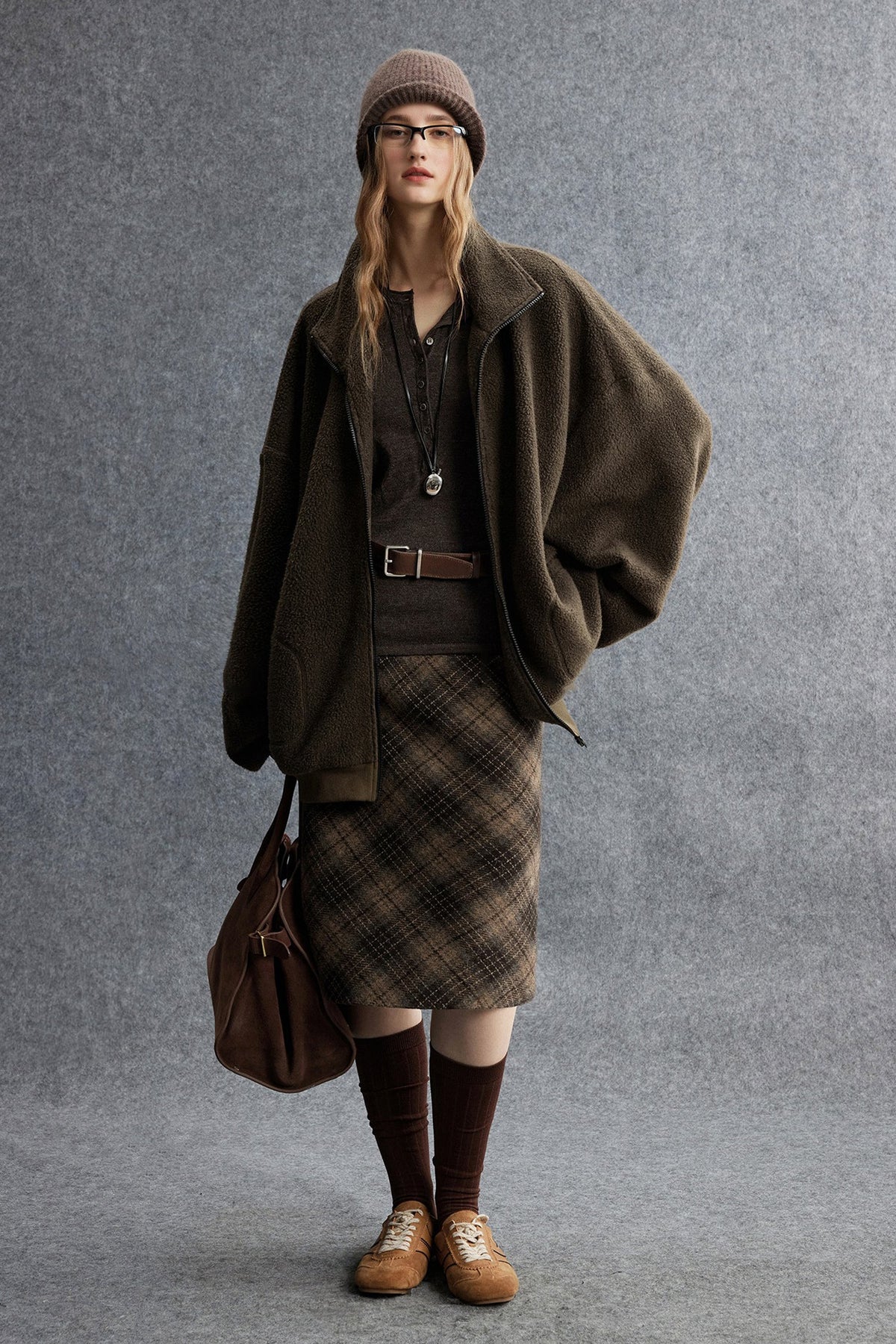 Plaid Wool-Blend Column Midi Skirt with Slit