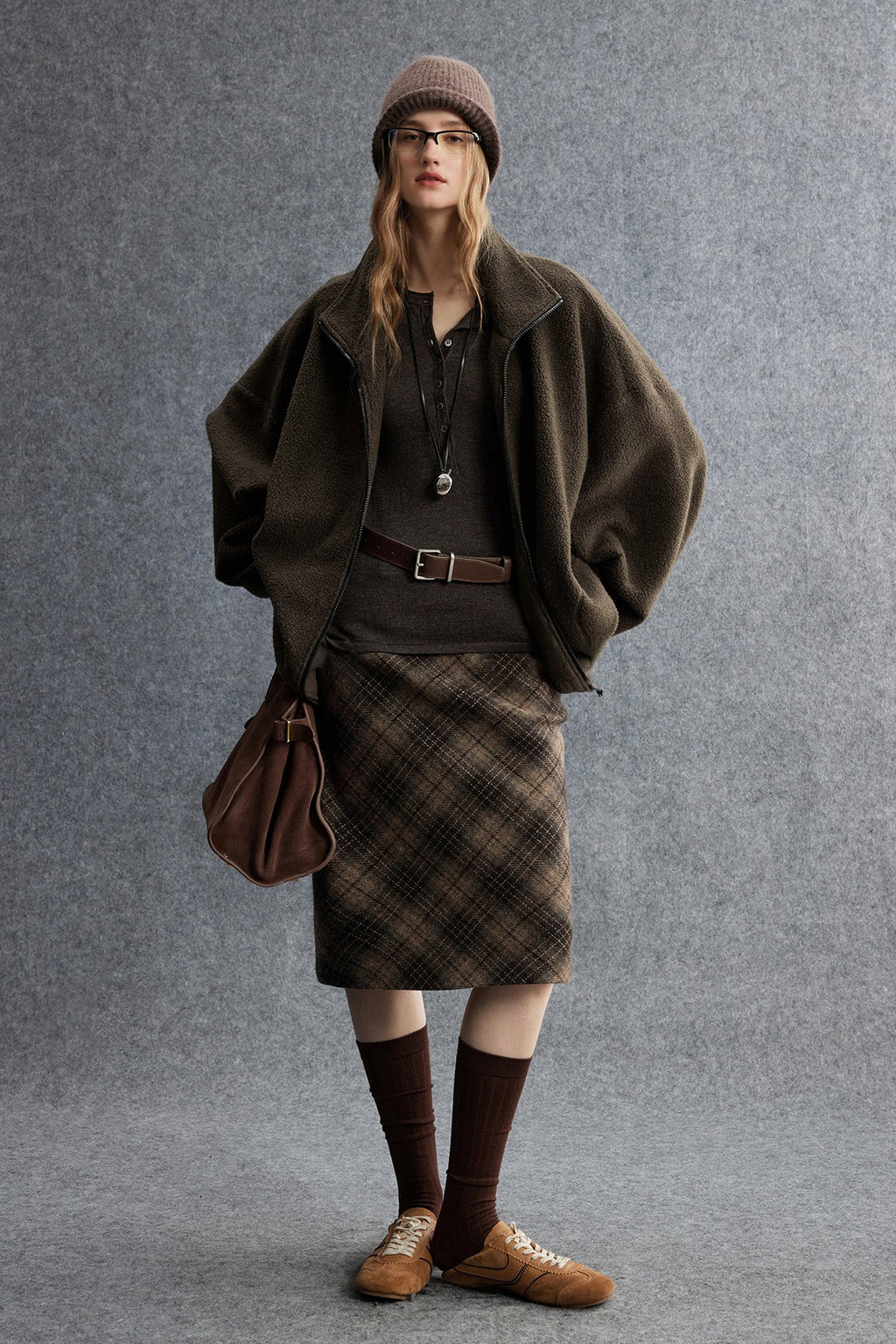 Plaid Wool-Blend Column Midi Skirt with Slit