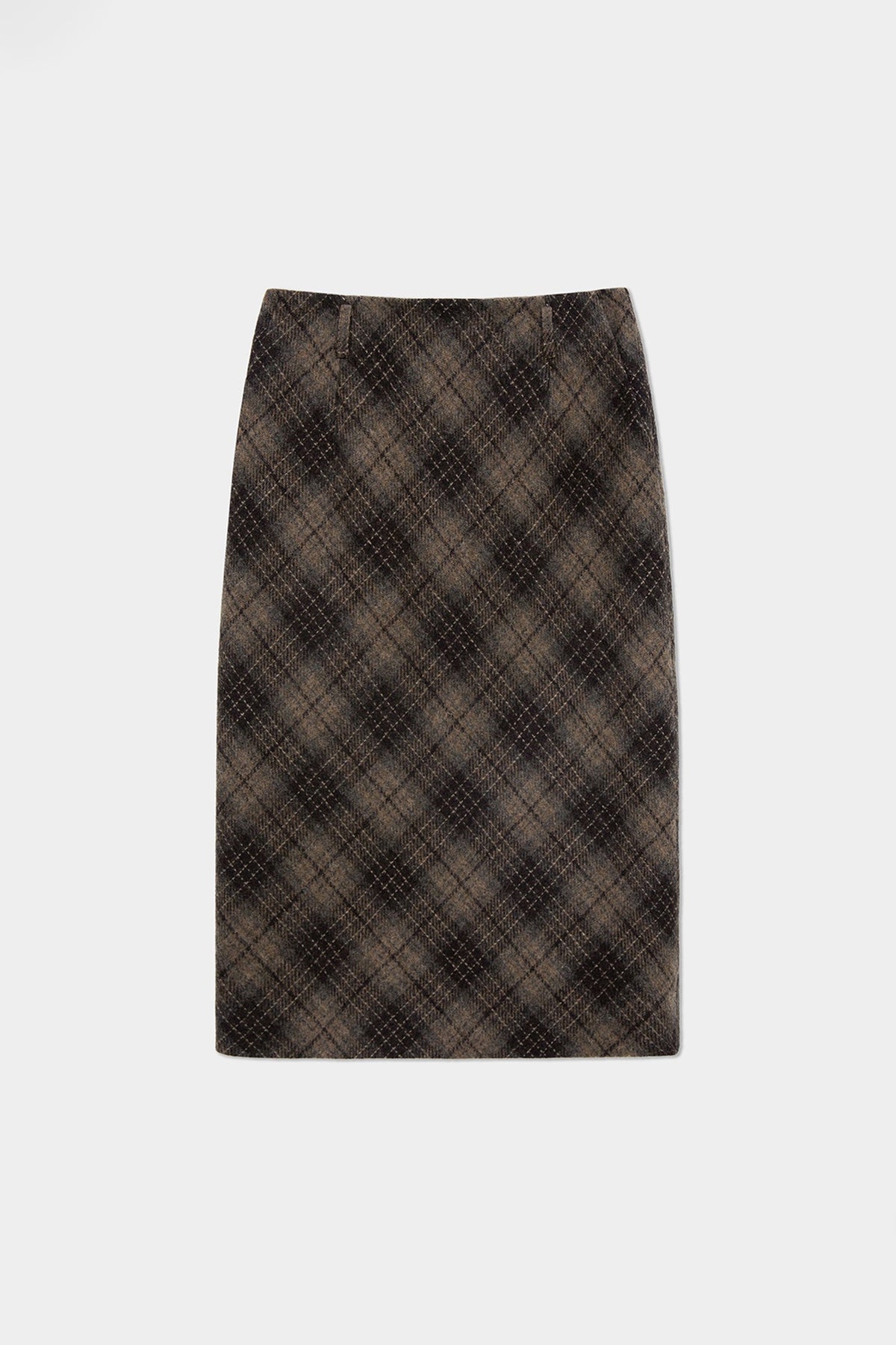 Plaid Wool-Blend Column Midi Skirt with Slit