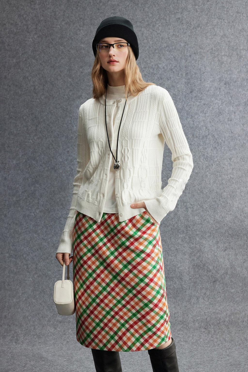Plaid Wool-Blend Column Midi Skirt with Slit