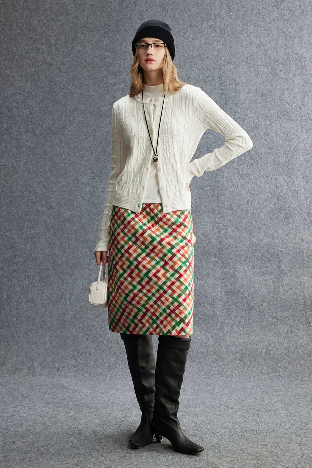 Plaid Wool-Blend Column Midi Skirt with Slit