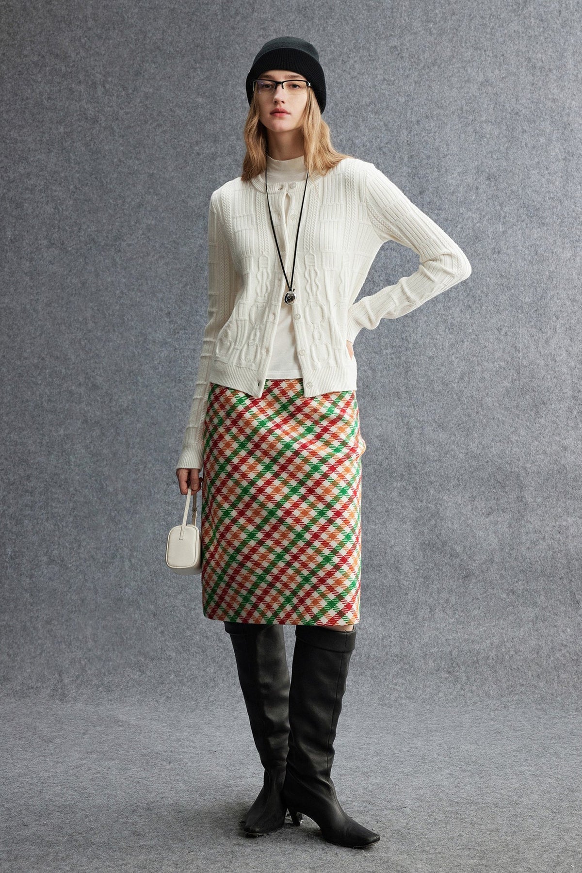 Plaid Wool-Blend Column Midi Skirt with Slit