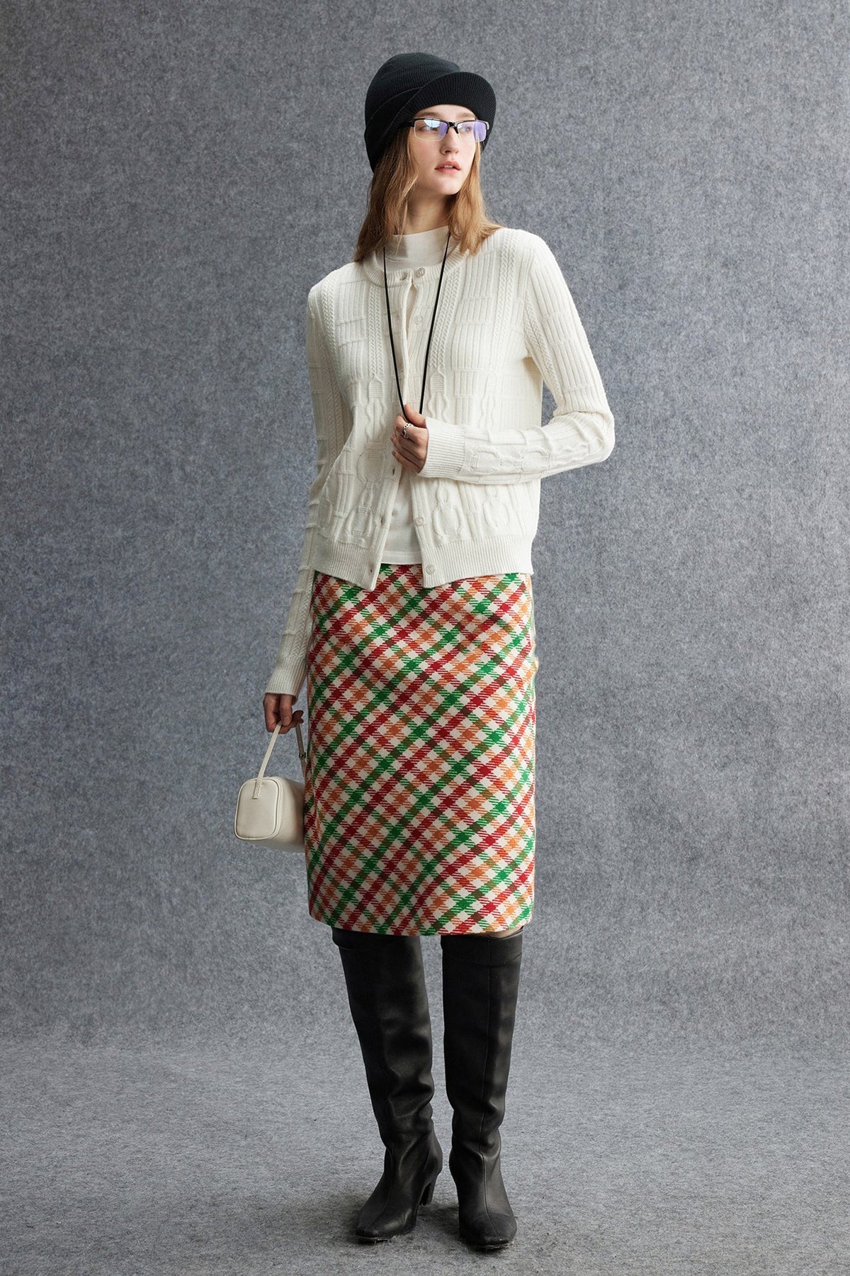 Plaid Wool-Blend Column Midi Skirt with Slit