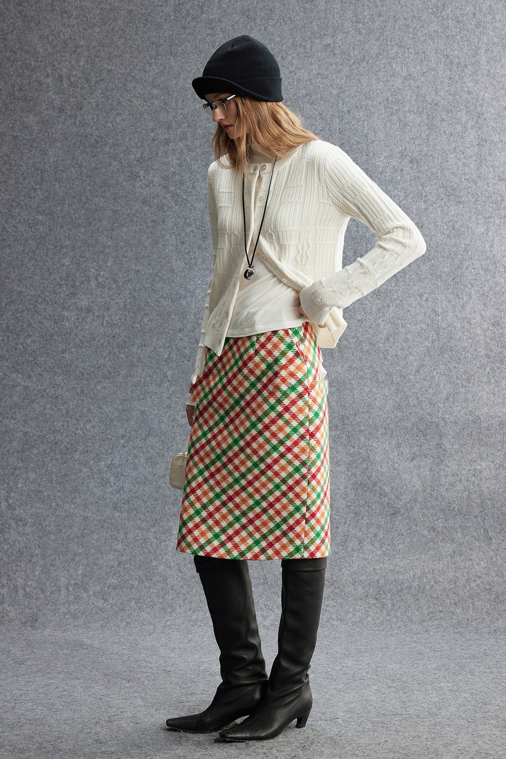 Plaid Wool-Blend Column Midi Skirt with Slit