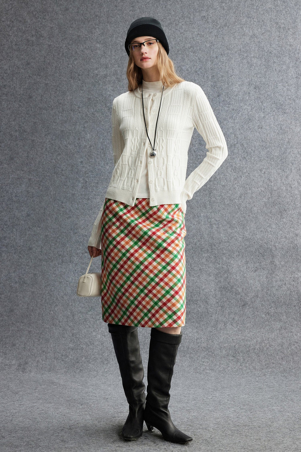 Plaid Wool-Blend Column Midi Skirt with Slit