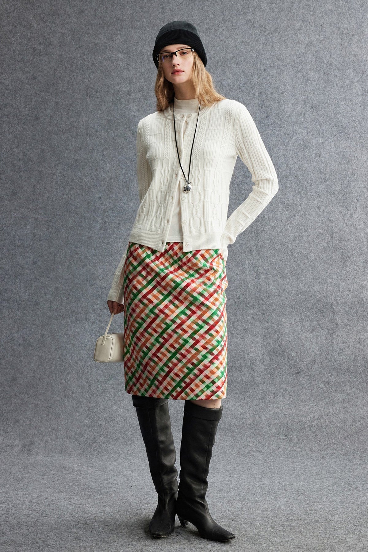 Plaid Wool-Blend Column Midi Skirt with Slit