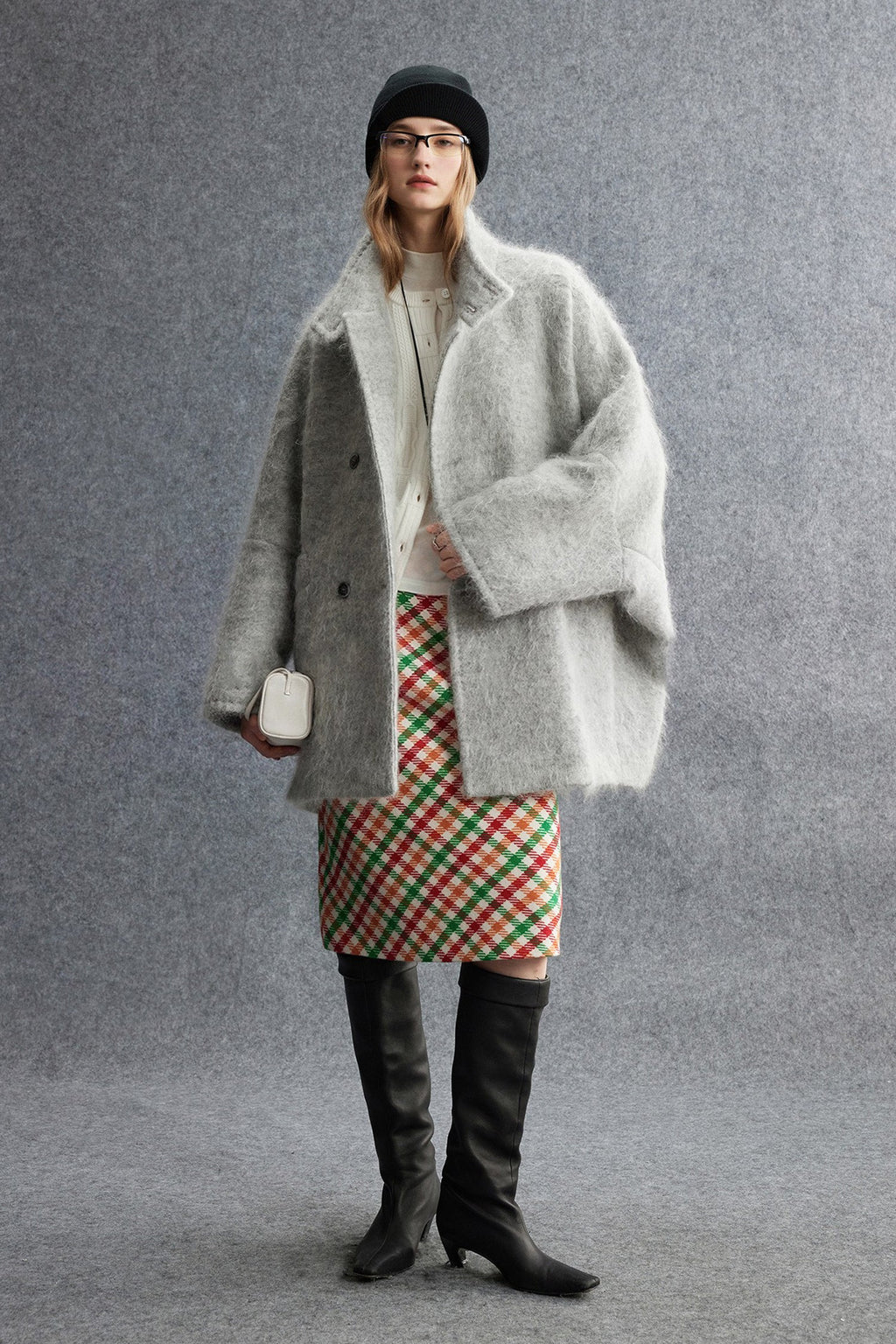 Plaid Wool-Blend Column Midi Skirt with Slit