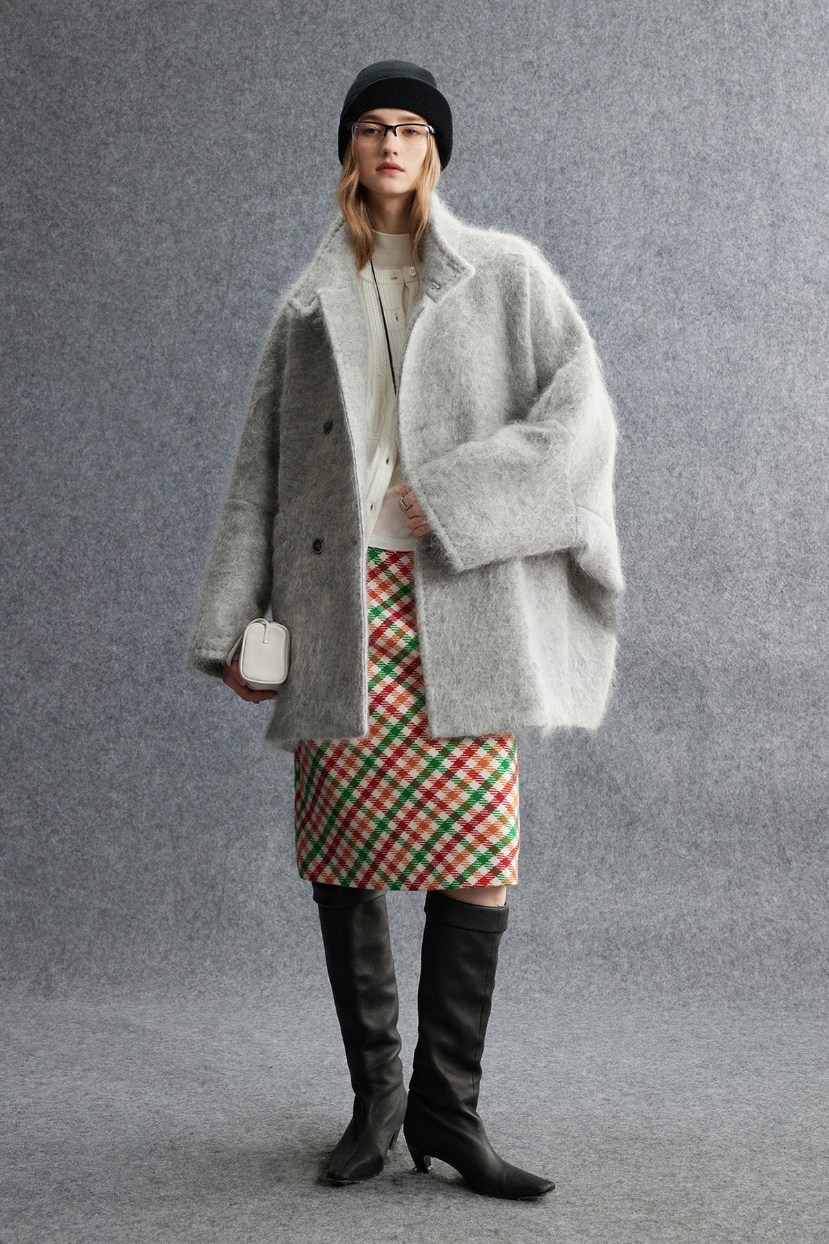 Plaid Wool-Blend Column Midi Skirt with Slit