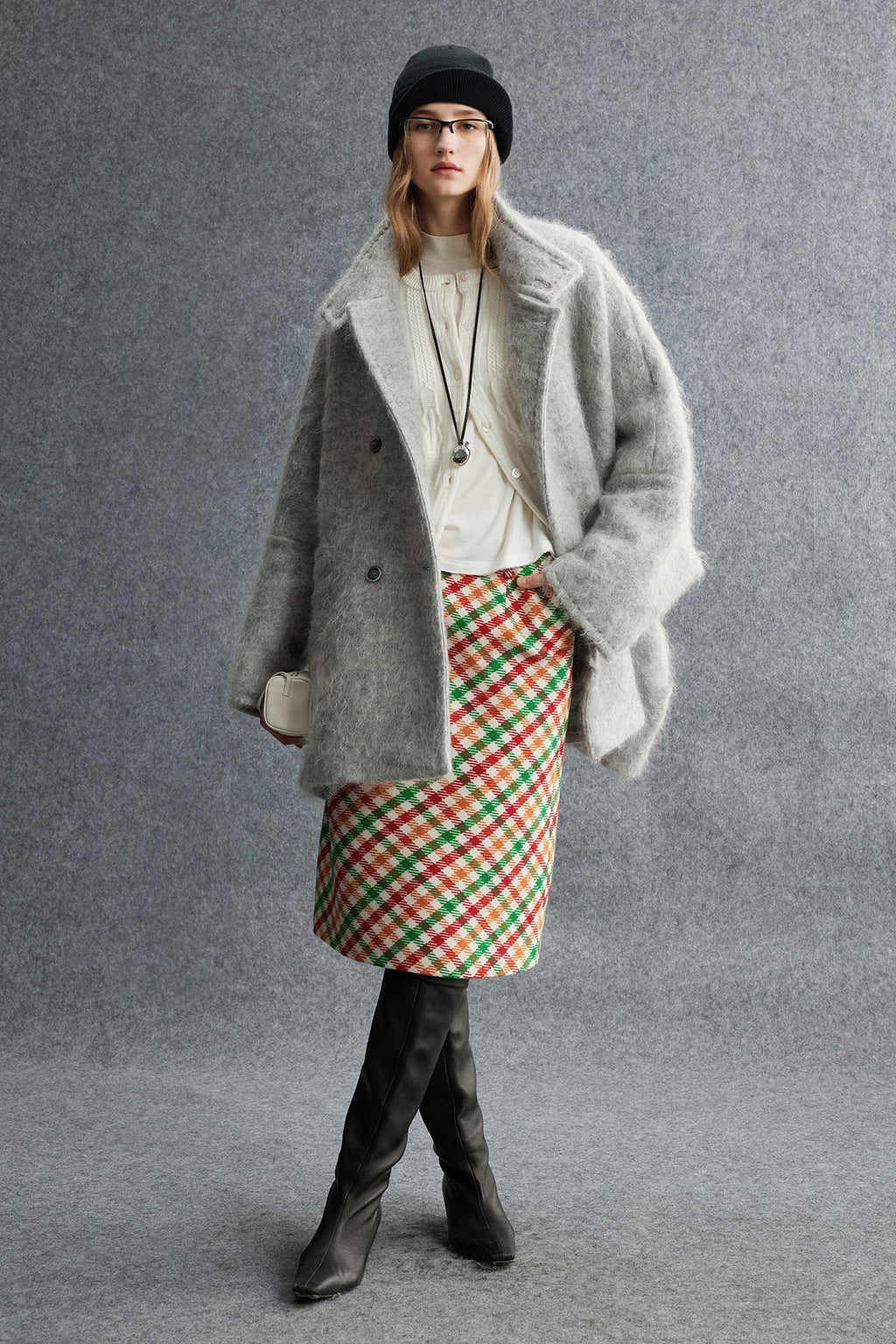 Plaid Wool-Blend Column Midi Skirt with Slit
