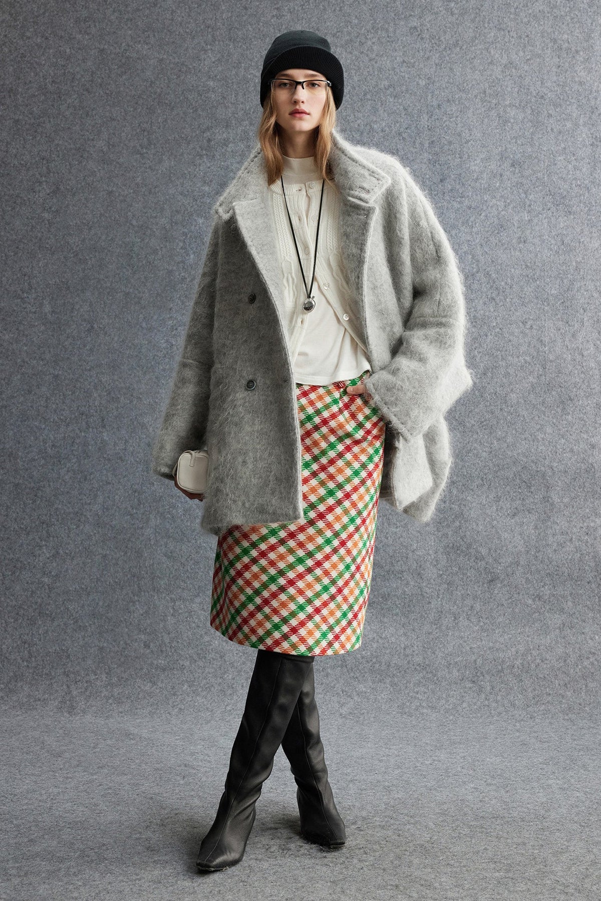 Plaid Wool-Blend Column Midi Skirt with Slit