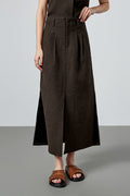 Pleated Cotton-Linen A-Line Midi Skirt with Slits