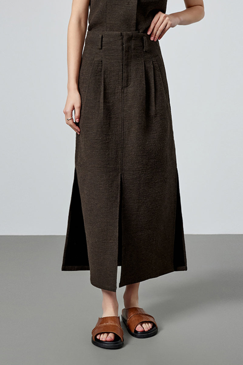 Pleated Cotton-Linen A-Line Midi Skirt with Slits