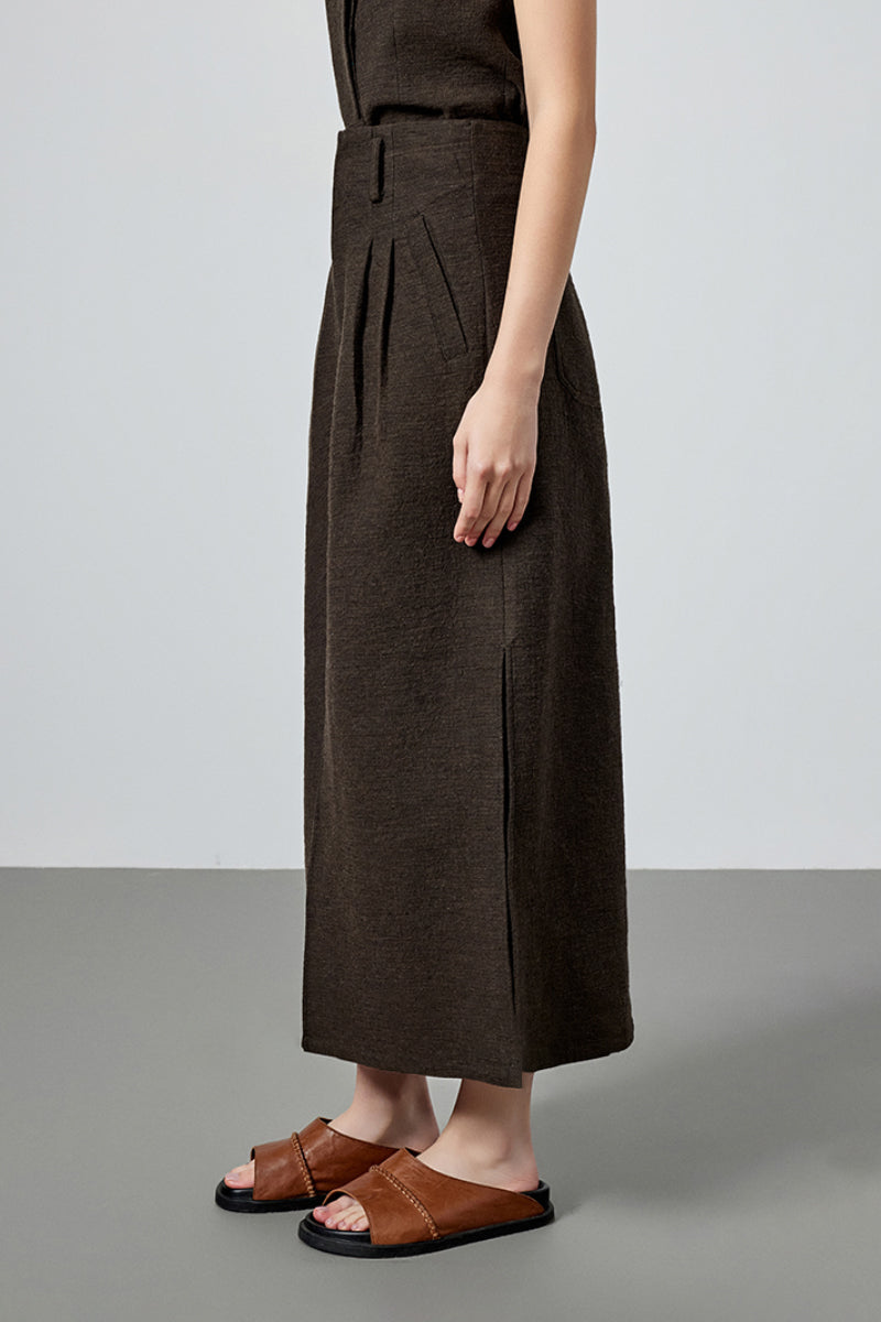 Pleated Cotton-Linen A-Line Midi Skirt with Slits