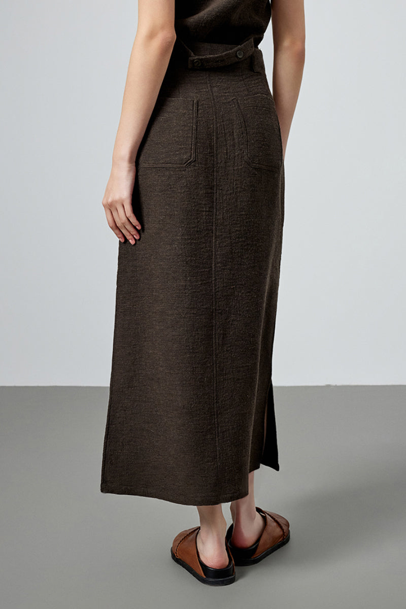 Pleated Cotton-Linen A-Line Midi Skirt with Slits